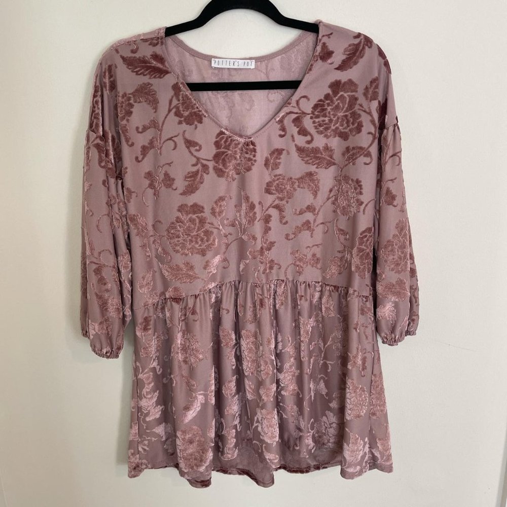 Forever 21 Potter’s Pot Dusty Rose Mauve Velvet Burnout Floral Babydoll Dress